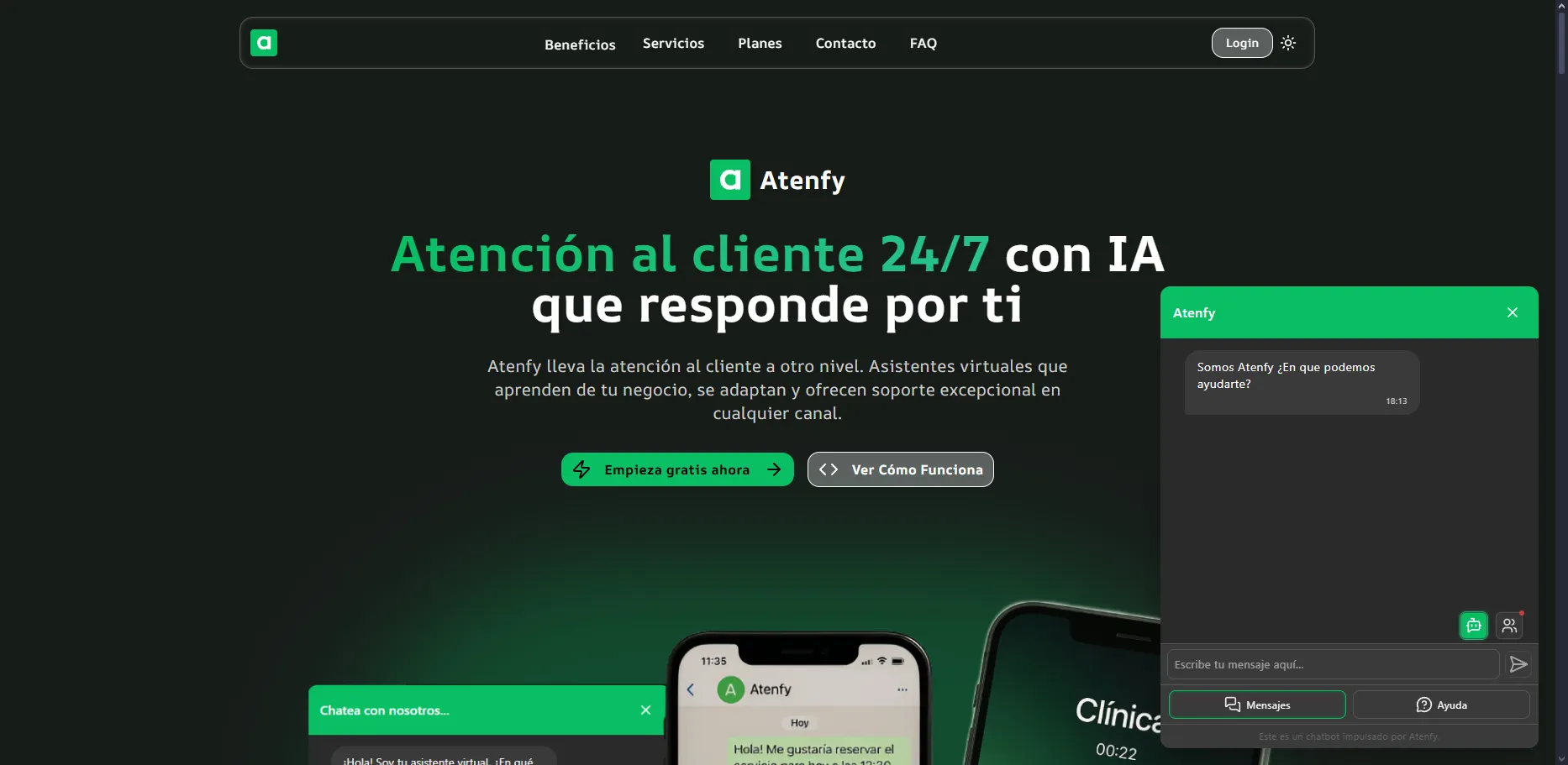 Captura de pantalla de la plataforma Atenfy mostrando la interfaz de chatbots multicanal